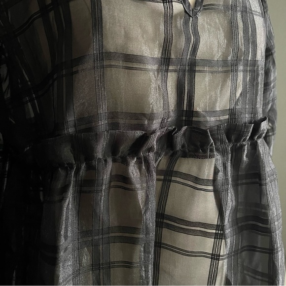 OBJECT Sheer Plaid Tiered Midi Dress Black Long Sleeve Art Deco Avant Garde - Picture 5 of 8